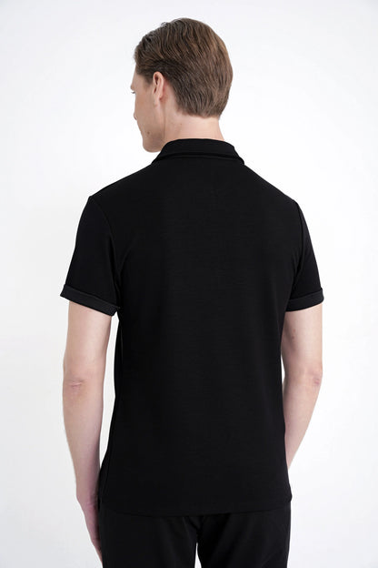 Slim Fit Esnek Pamuklu Fermuarlı Siyah Polo Yaka Tişört Ts 926