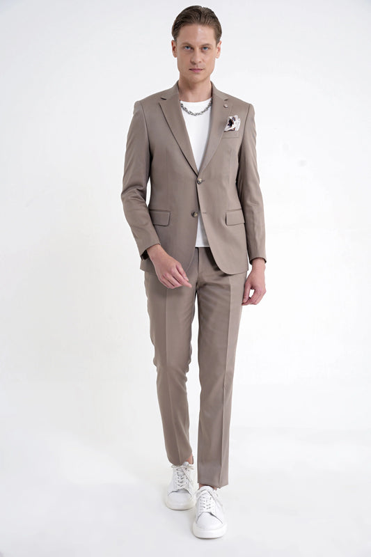 Slim Fit Mono Yaka %97 Tencel Kumaş Çift Yırtmaç Esnek Bej Takım Elbise Tk 941
