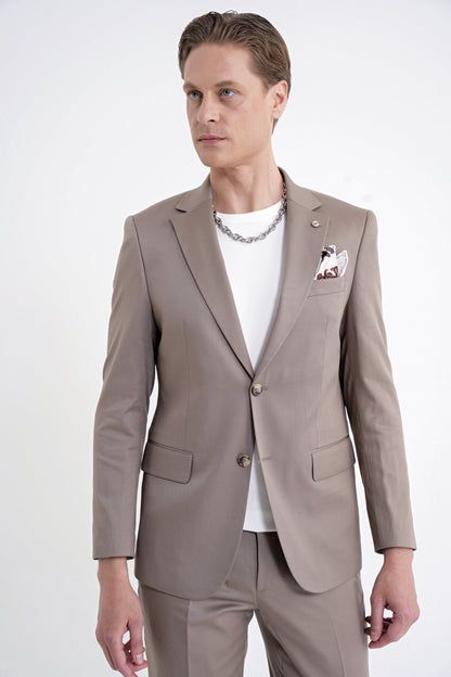 Slim Fit Mono Yaka %97 Tencel Kumaş Çift Yırtmaç Esnek Bej Takım Elbise Tk 941