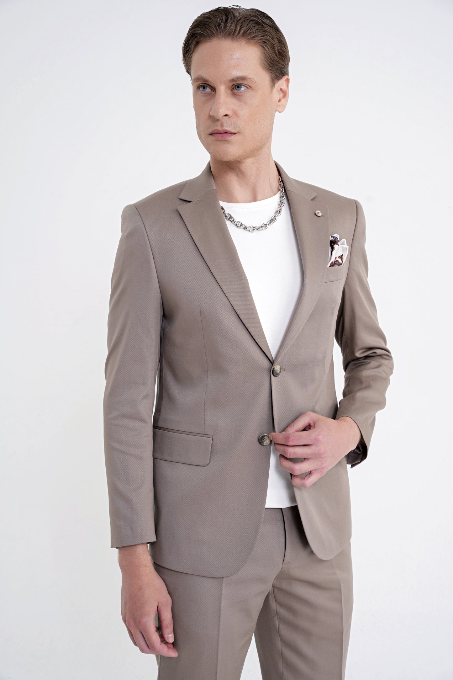 Slim Fit Mono Yaka %97 Tencel Kumaş Çift Yırtmaç Esnek Bej Takım Elbise Tk 941