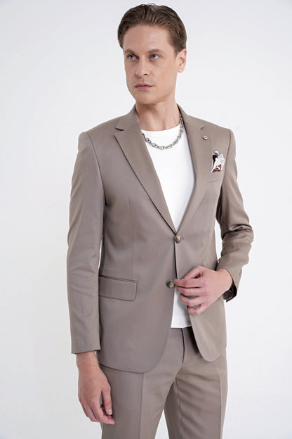Slim Fit Mono Yaka %97 Tencel Kumaş Çift Yırtmaç Esnek Bej Takım Elbise Tk 941