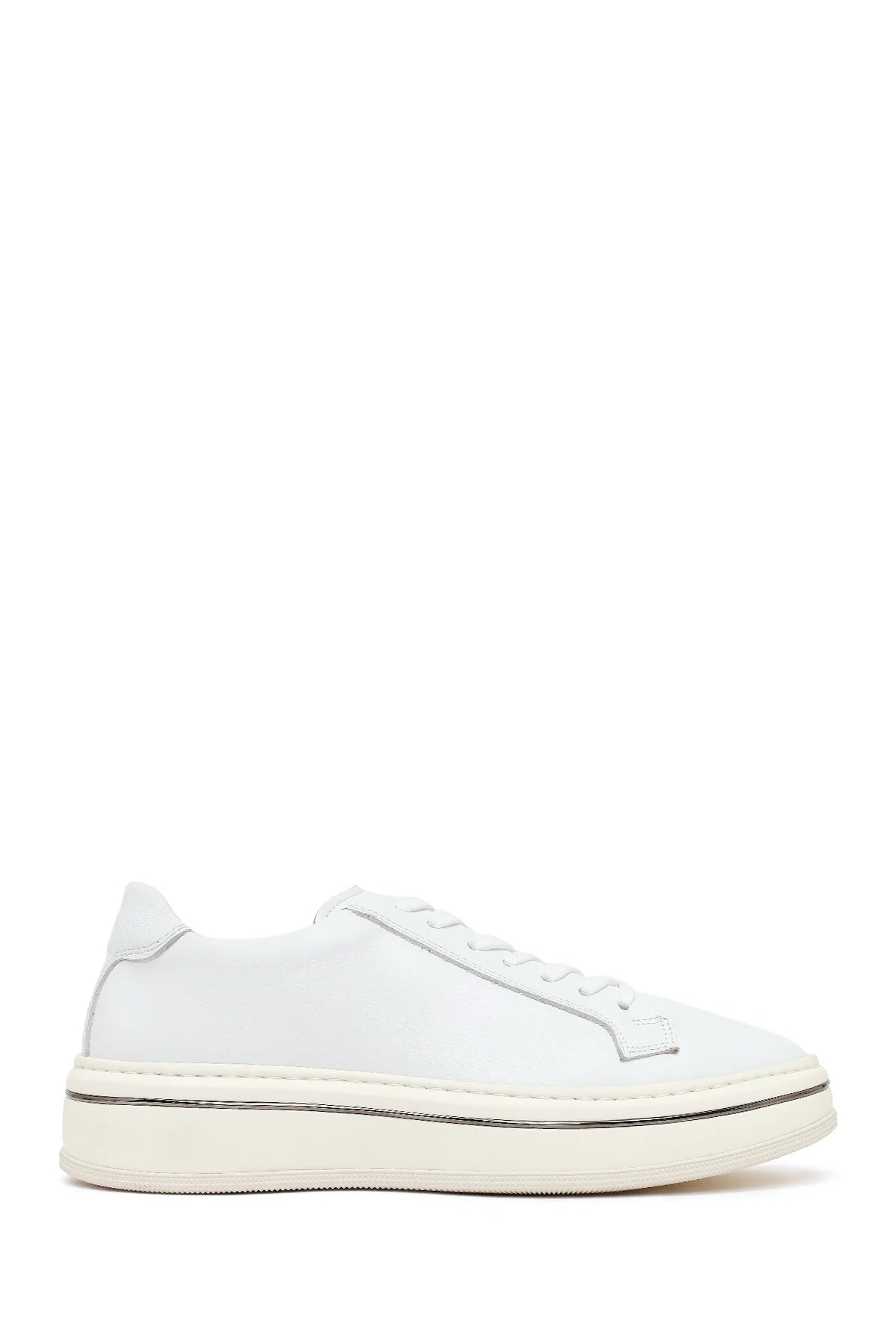Erkek Beyaz Bağcıklı Kalın Tabanlı Deri Sneaker
