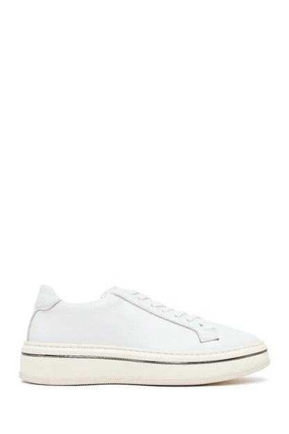 Erkek Beyaz Bağcıklı Kalın Tabanlı Deri Sneaker