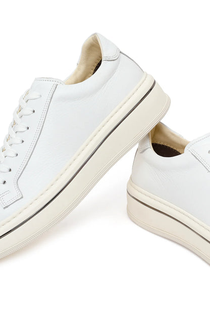 Erkek Beyaz Bağcıklı Kalın Tabanlı Deri Sneaker