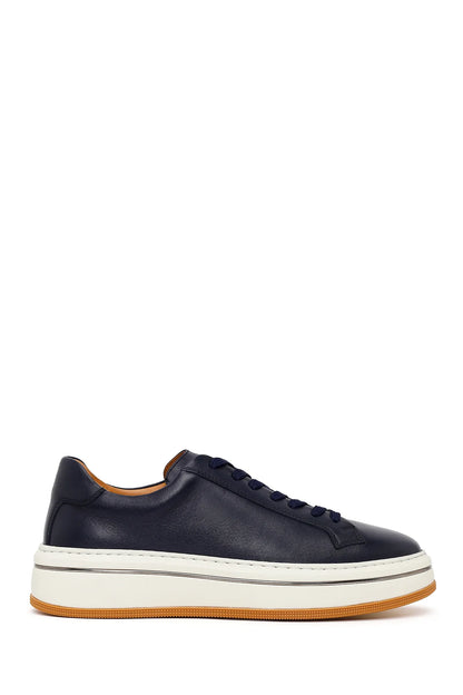 Erkek Lacivert Bağcıklı Kalın Tabanlı Deri Sneaker