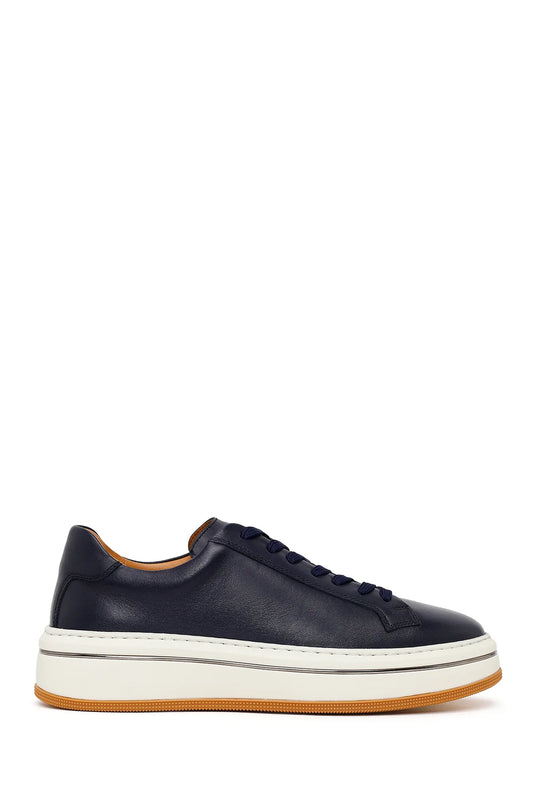 Erkek Lacivert Bağcıklı Kalın Tabanlı Deri Sneaker