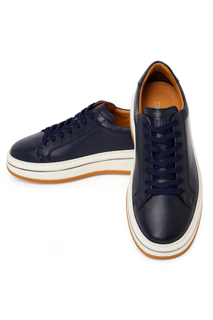Erkek Lacivert Bağcıklı Kalın Tabanlı Deri Sneaker