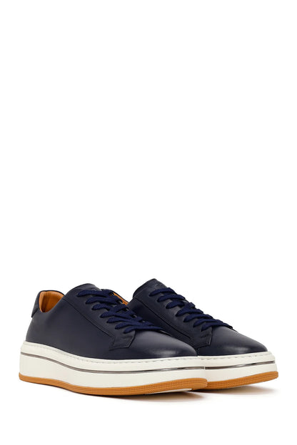 Erkek Lacivert Bağcıklı Kalın Tabanlı Deri Sneaker