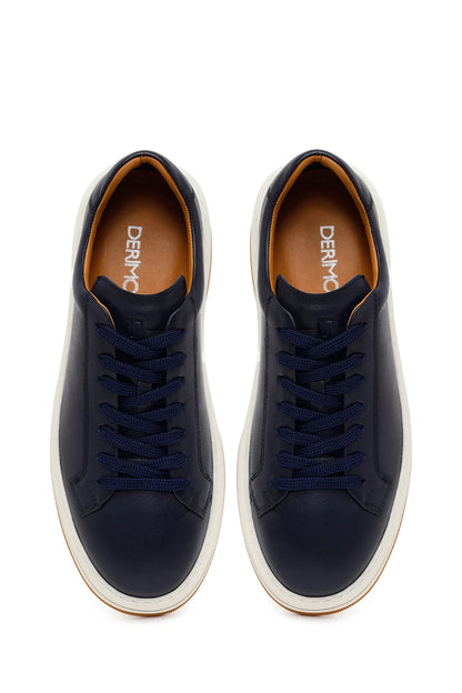 Erkek Lacivert Bağcıklı Kalın Tabanlı Deri Sneaker