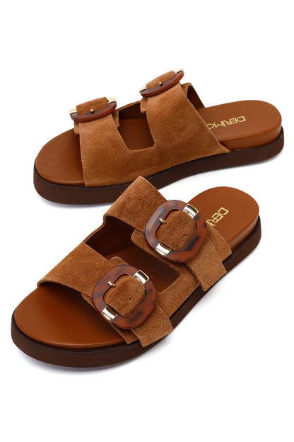 Kadın Taba Çift Tokalı Süet Deri Terlik