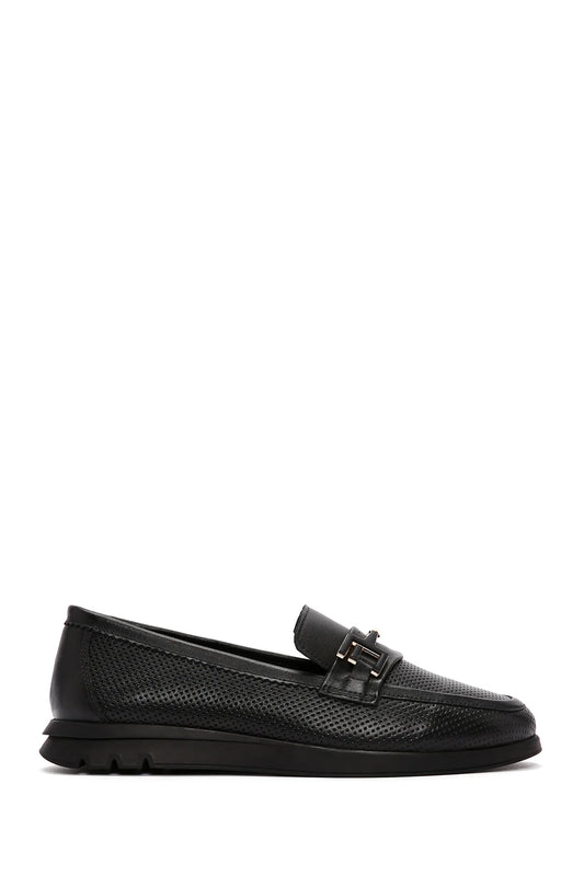 Kadın Siyah Tokalı Deri Comfort Loafer