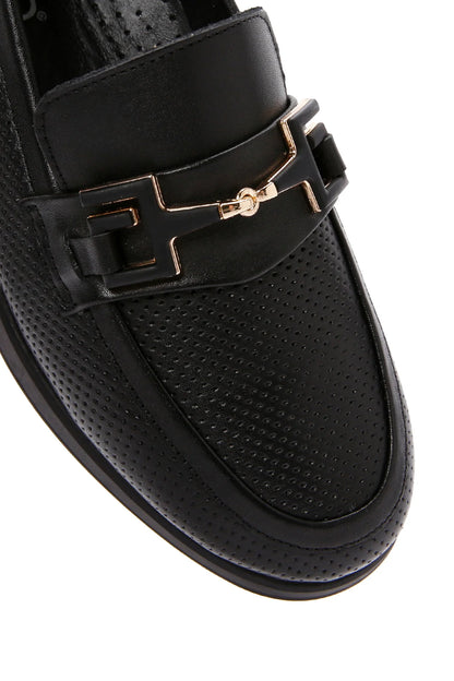 Kadın Siyah Tokalı Deri Comfort Loafer