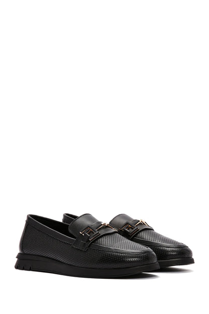 Kadın Siyah Tokalı Deri Comfort Loafer