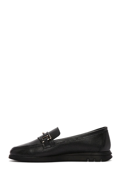 Kadın Siyah Tokalı Deri Comfort Loafer