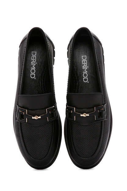 Kadın Siyah Tokalı Deri Comfort Loafer