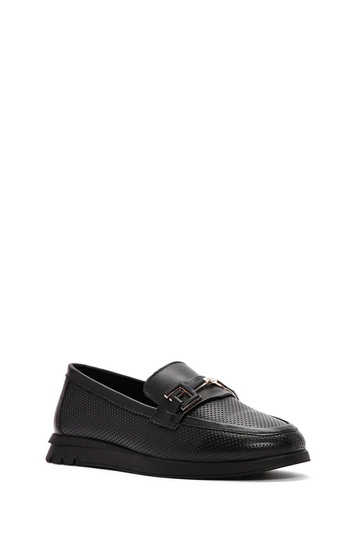 Kadın Siyah Tokalı Deri Comfort Loafer
