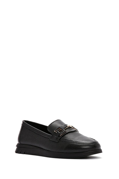 Kadın Siyah Tokalı Deri Comfort Loafer