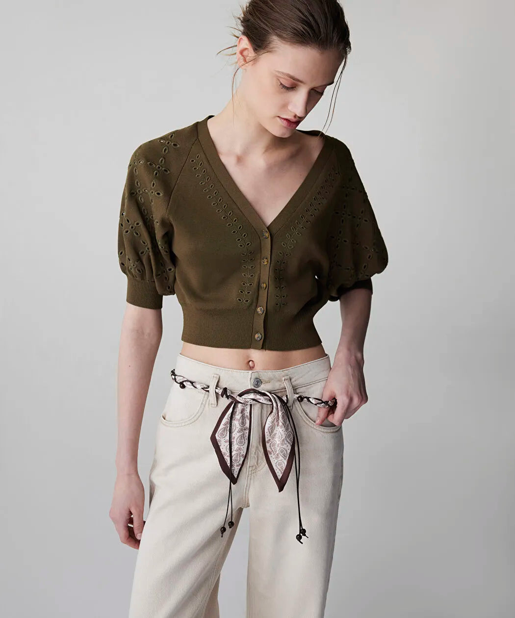 Haki Fistolu Crop Triko Hırka Is1260050057177 | Ipekyol