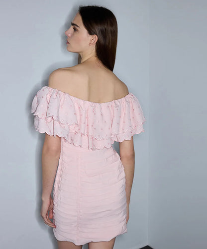 Pembe Volanlı Ve Puantiye Nakışlı Elbise Is1260002291019 | Ipekyol