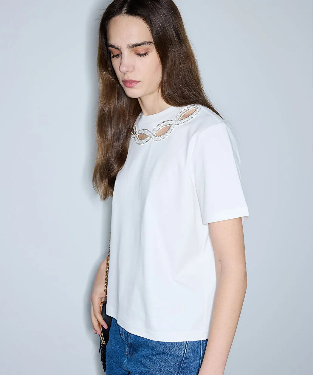 Beyaz Strass Taş Işlemeli Cutout Tişört Is1260070238002 | Ipekyol