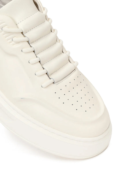 Erkek Beyaz Bağcıklı Kalın Tabanlı Deri Sneaker