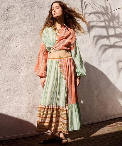 Pembe Çizgili Colorblock Etek Is1260004112019 | Ipekyol