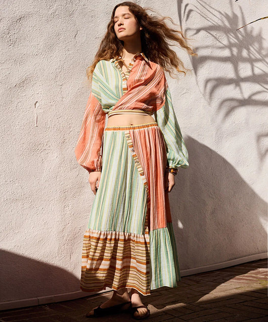 Pembe Çizgili Colorblock Etek Is1260004112019 | Ipekyol