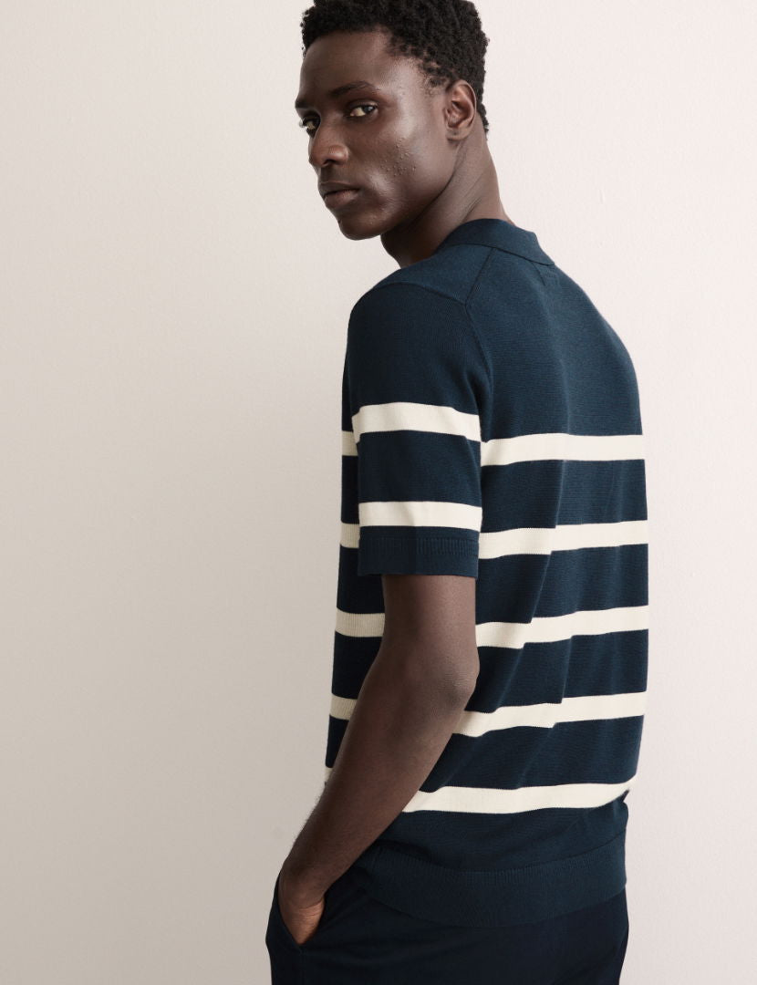 Merino Yün Çizgili Örme Polo Yaka T-shirt