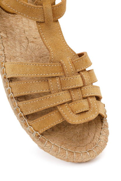 Kadın Camel Bilekten Tokalı Süet Deri Espadril Sandalet