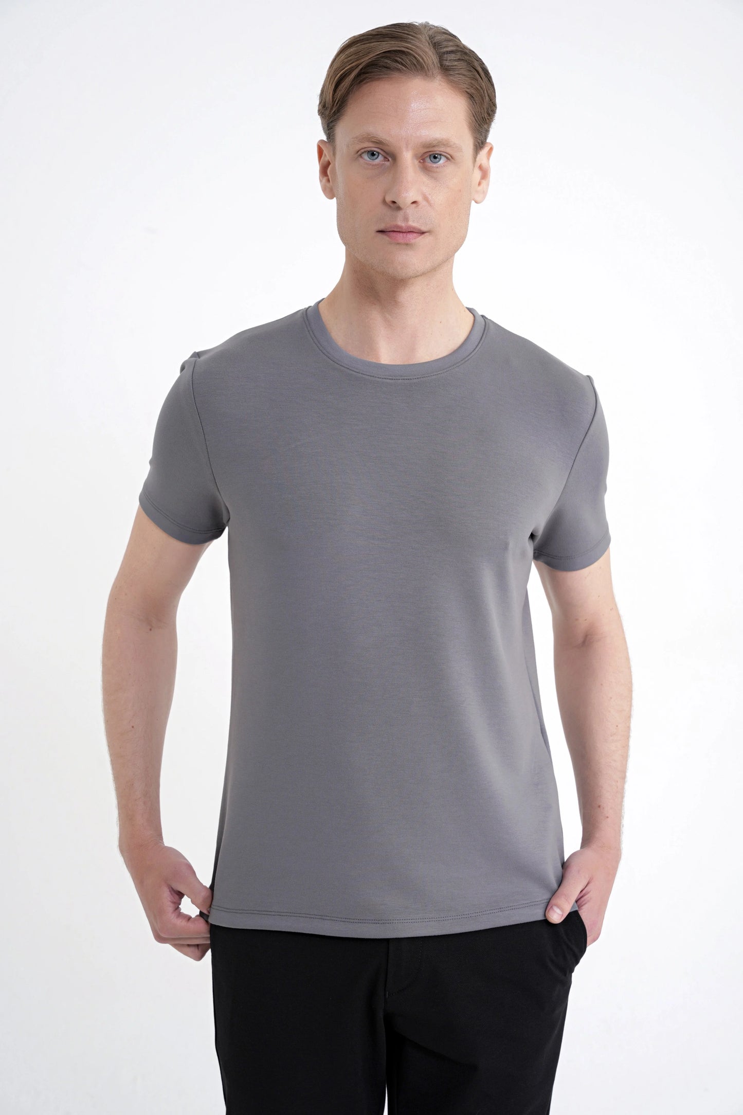 Comfort Fit Bisiklet Yaka %97 Esnek Pamuklu Antrasit Tişört Ts 885