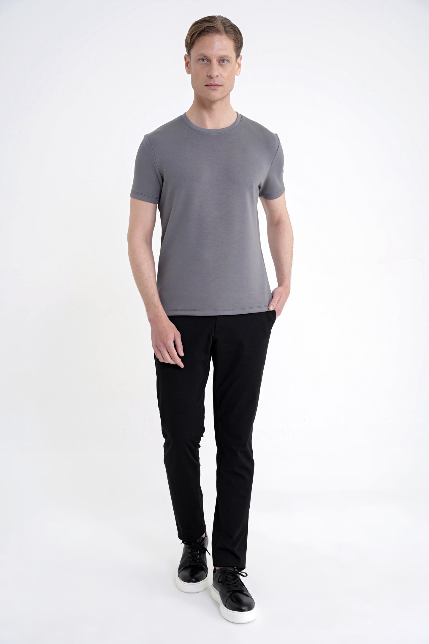 Comfort Fit Bisiklet Yaka %97 Esnek Pamuklu Antrasit Tişört Ts 885
