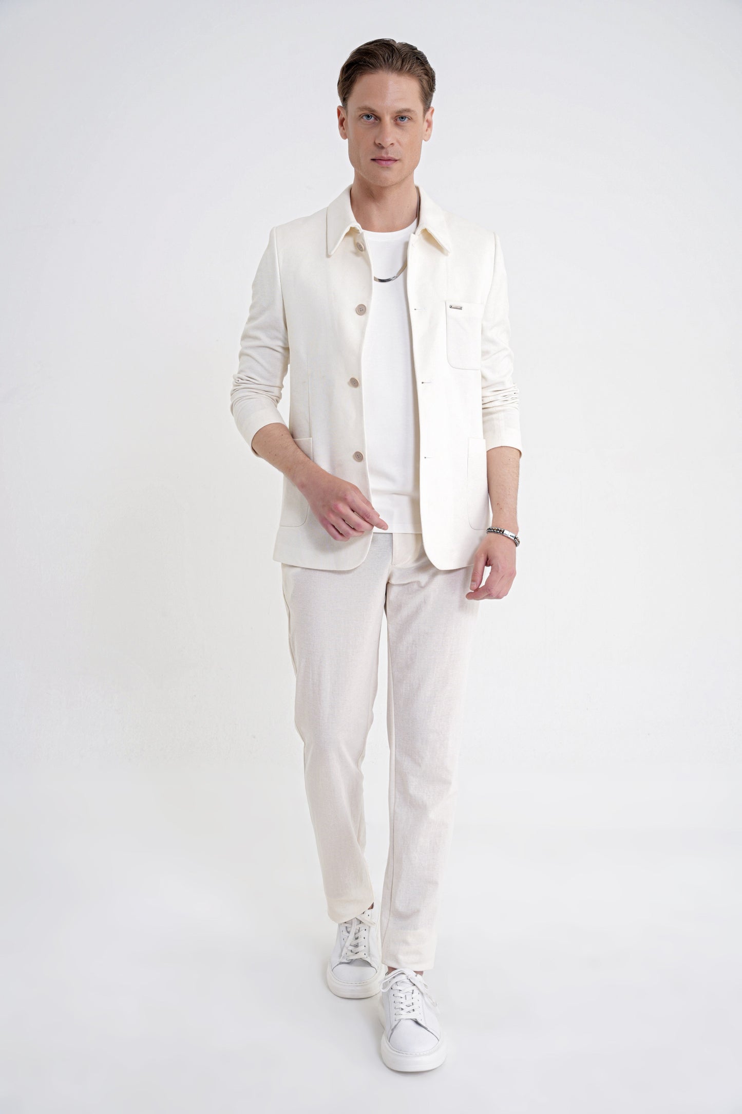 Slim Fit Gömlek Yakalı Fitilli Pamuk Dokumalı Tasarım Ekru Gömlek Ceket C 732