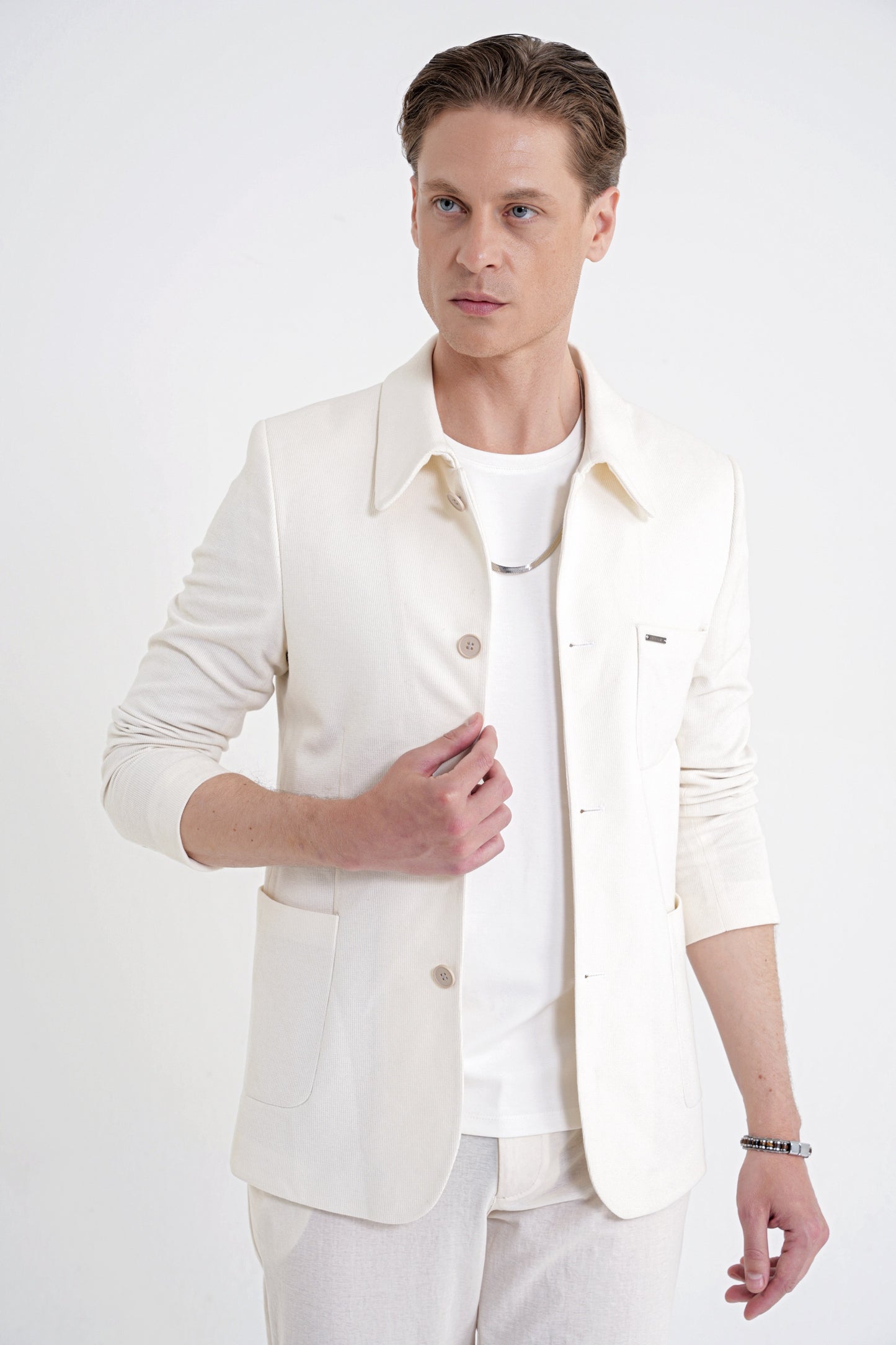 Slim Fit Gömlek Yakalı Fitilli Pamuk Dokumalı Tasarım Ekru Gömlek Ceket C 732