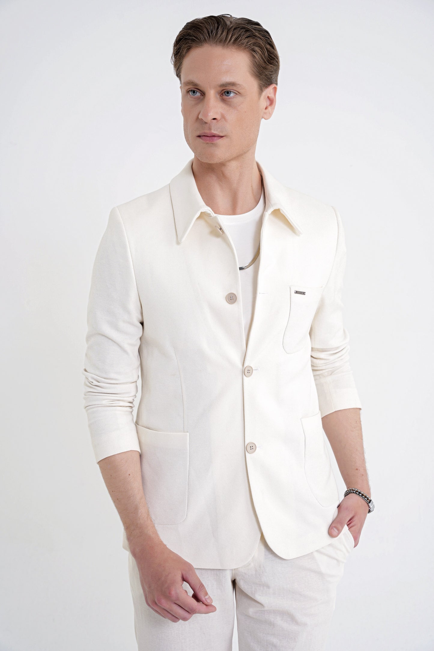 Slim Fit Gömlek Yakalı Fitilli Pamuk Dokumalı Tasarım Ekru Gömlek Ceket C 732