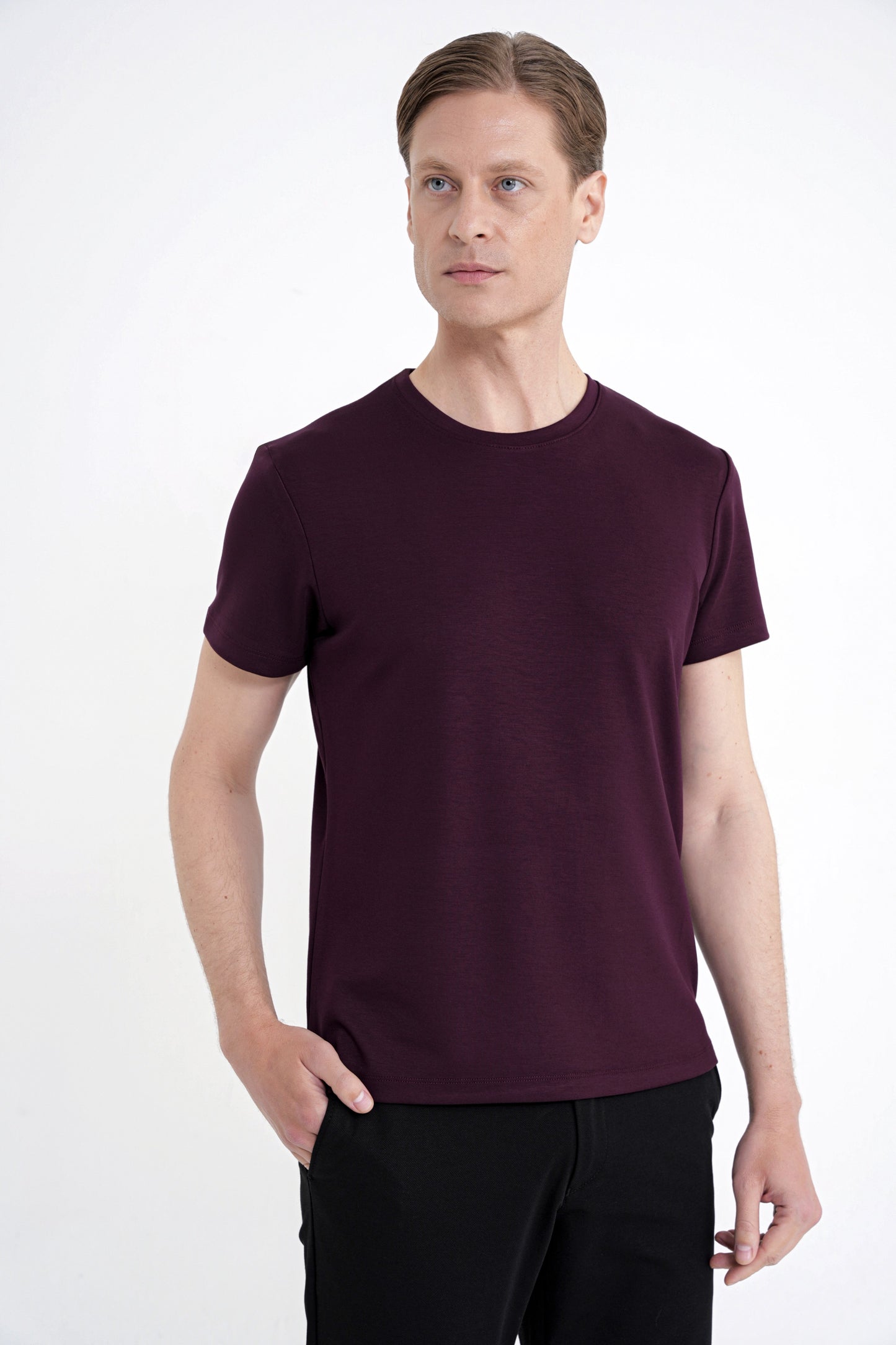 Comfort Fit Bisiklet Yaka %97 Esnek Pamuklu Mürdüm Tişört Ts 885