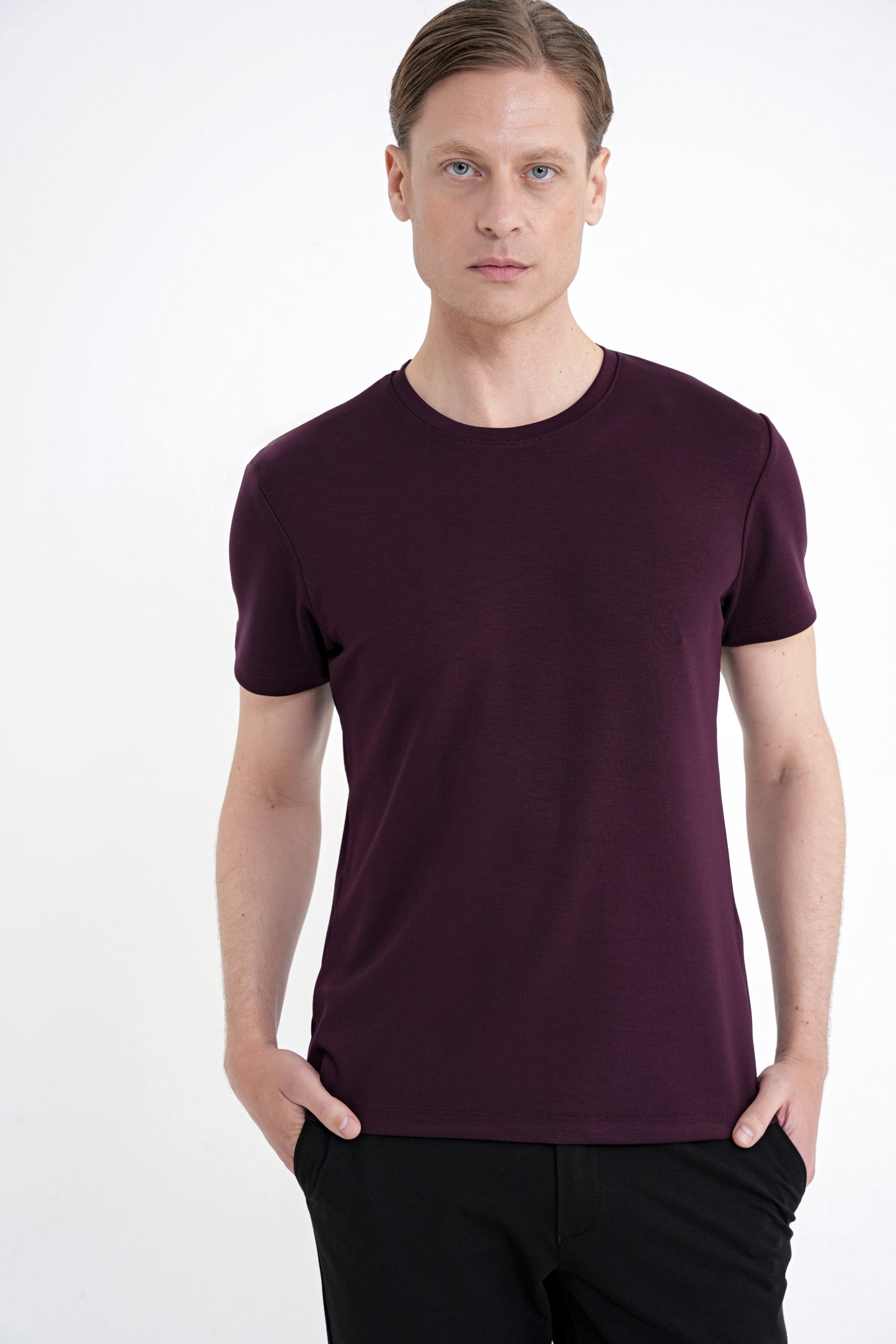 Comfort Fit Bisiklet Yaka %97 Esnek Pamuklu Mürdüm Tişört Ts 885