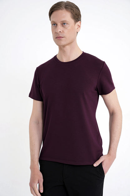 Comfort Fit Bisiklet Yaka %97 Esnek Pamuklu Mürdüm Tişört Ts 885
