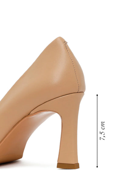 Kadın Bej Kalın Topuklu Deri Stiletto