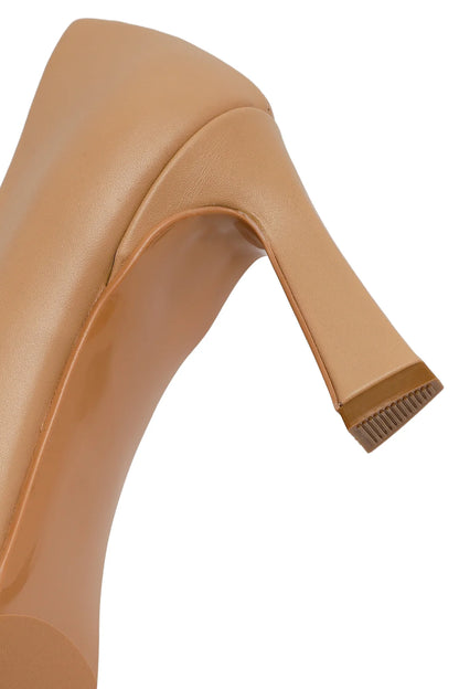Kadın Bej Kalın Topuklu Deri Stiletto