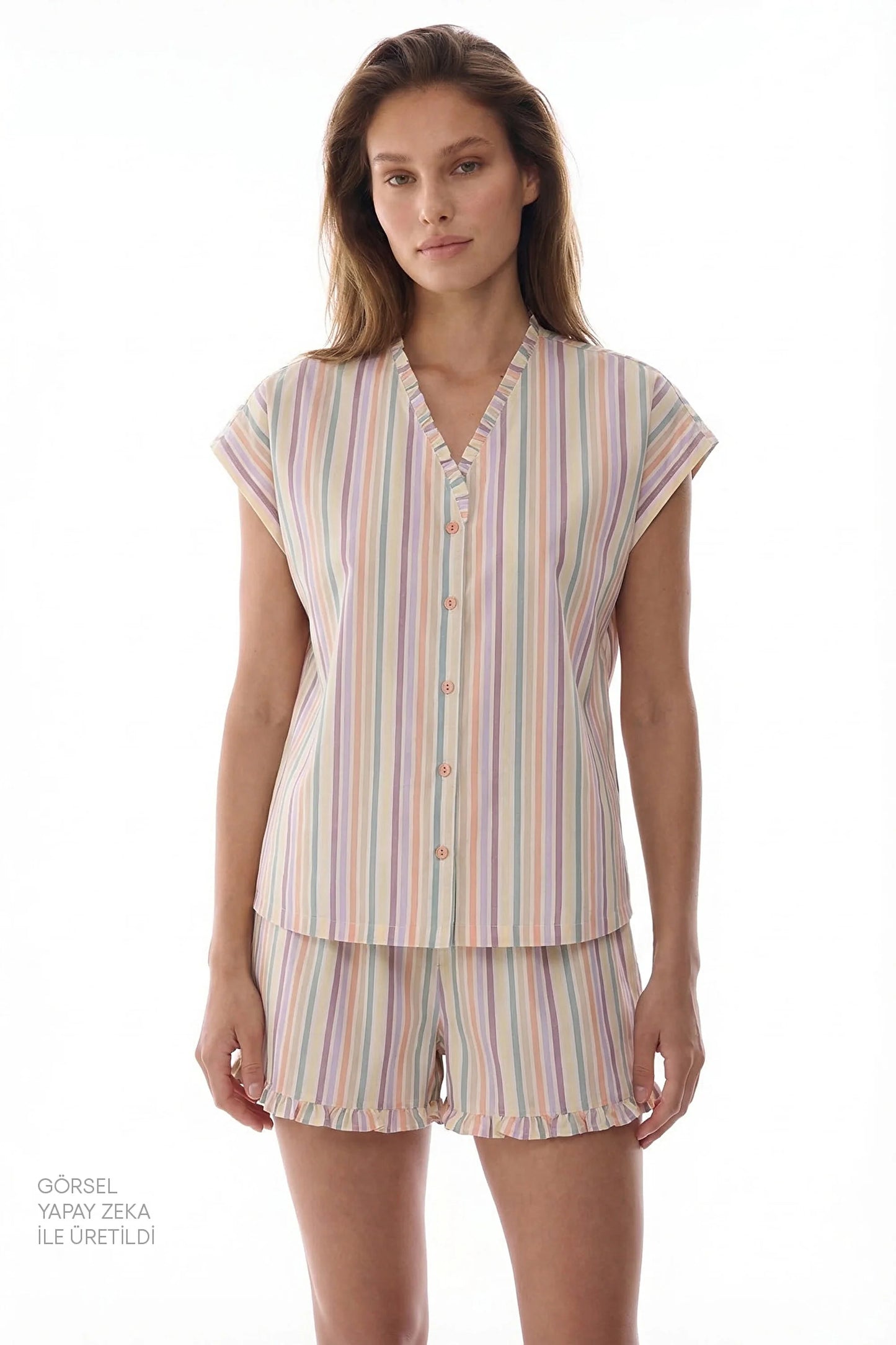 Renkli Sweet Day Çizgili Pamuklu Şortlu Pijama Takımı