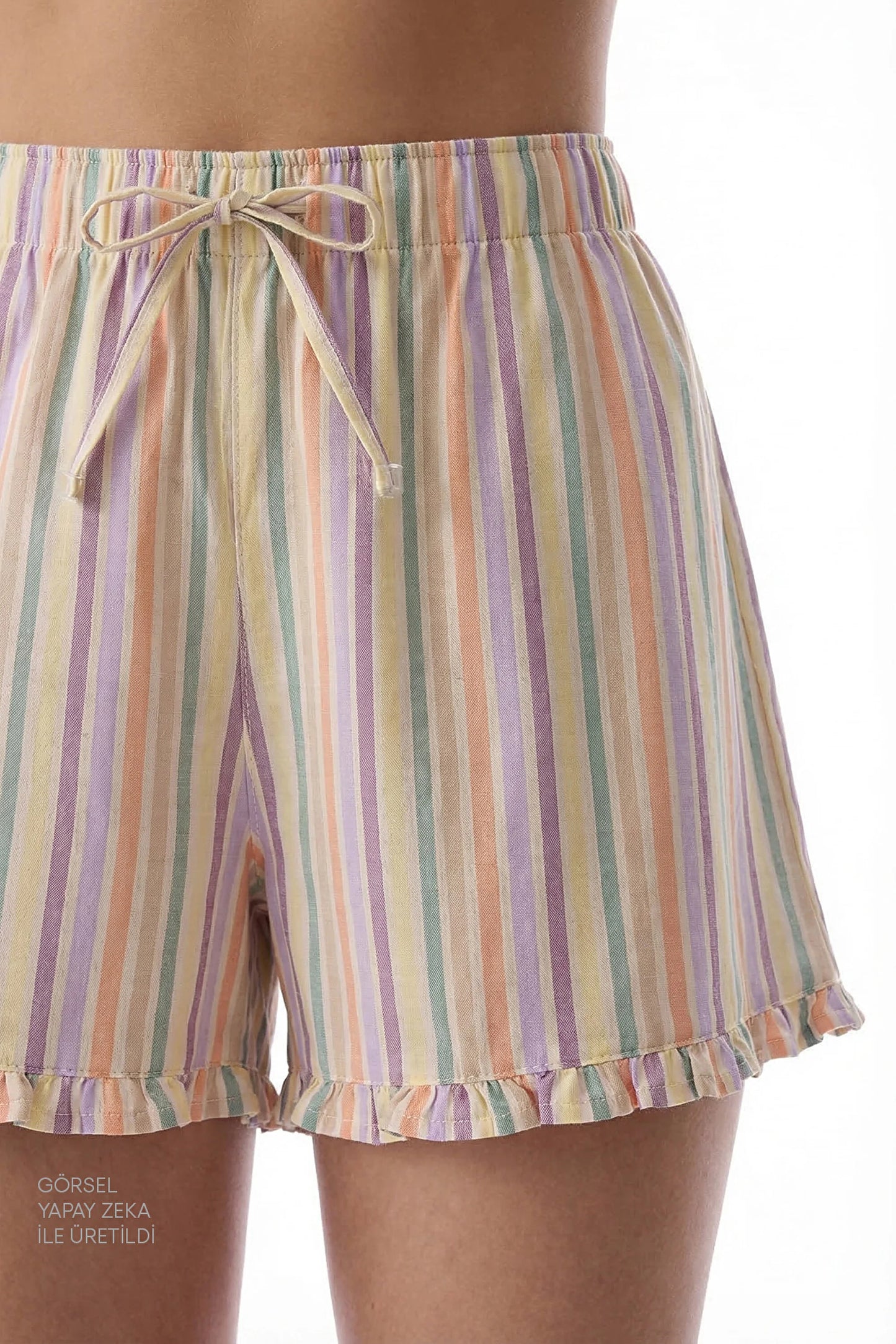 Renkli Sweet Day Çizgili Pamuklu Şortlu Pijama Takımı