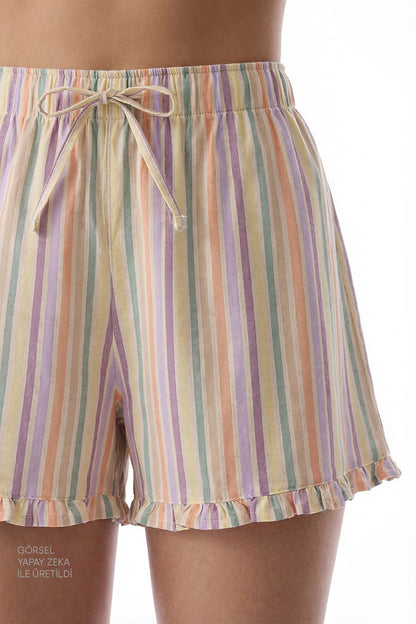 Renkli Sweet Day Çizgili Pamuklu Şortlu Pijama Takımı