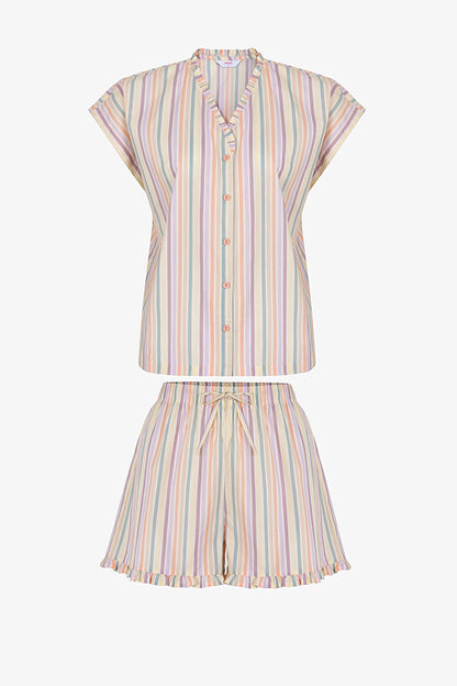 Renkli Sweet Day Çizgili Pamuklu Şortlu Pijama Takımı