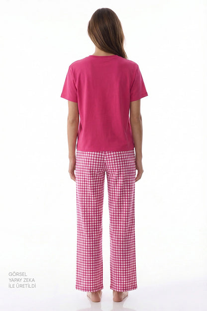 Fuşya Cozy Heart Pamuklu Pantolon Pijama Takımı