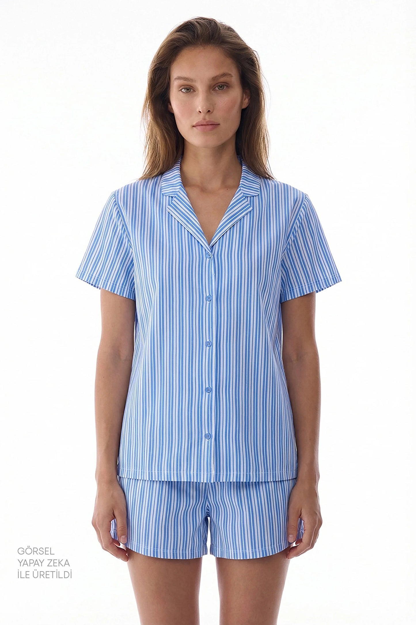 Blue Stripes Pamuklu Gömlek Pijama Takımı