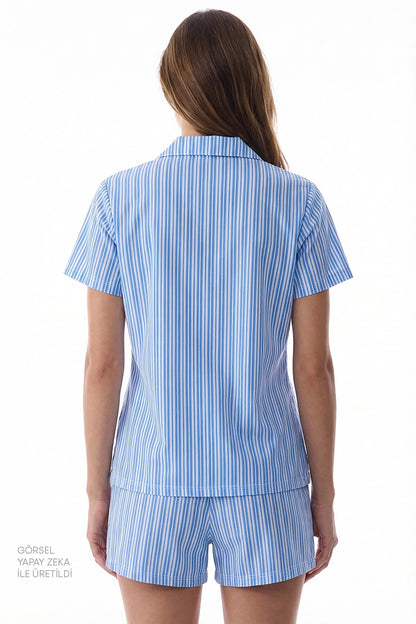 Blue Stripes Pamuklu Gömlek Pijama Takımı