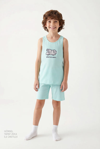 Mint Yeşili Erkek Çocuk Adventure Await Pamuklu 2'li Pijama Takımı