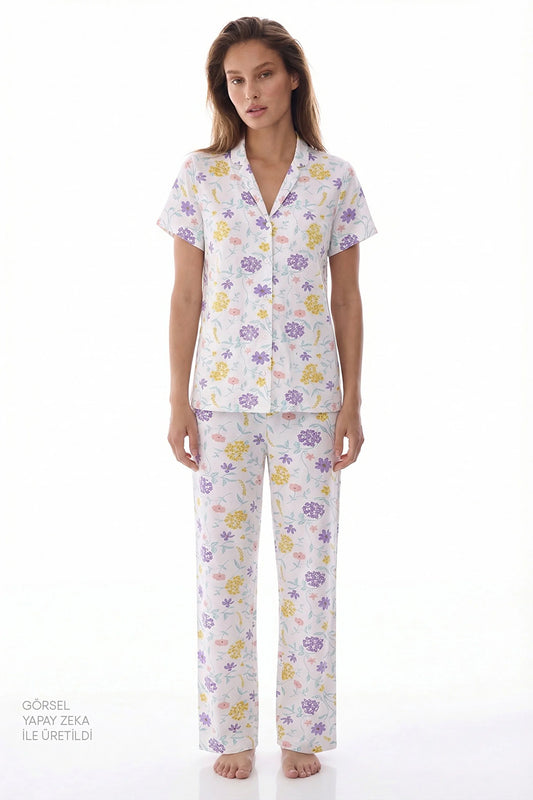 Kırık Beyaz Blossom Gömlek Pantolon Pijama Takımı