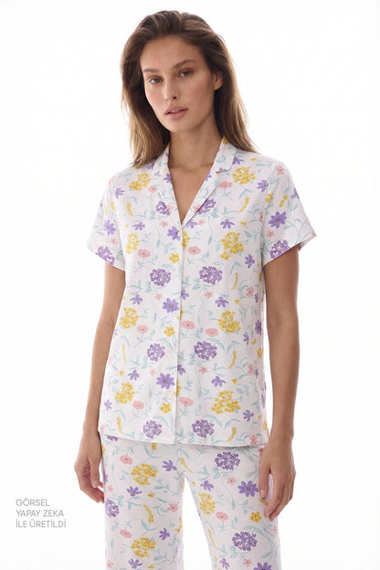 Kırık Beyaz Blossom Gömlek Pantolon Pijama Takımı
