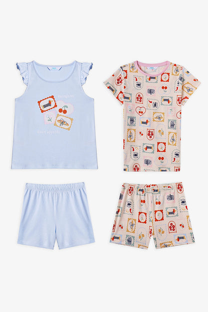 Açık Mavi Kız Çocuk French Meal Pamuklu 2'li Pijama Takımı